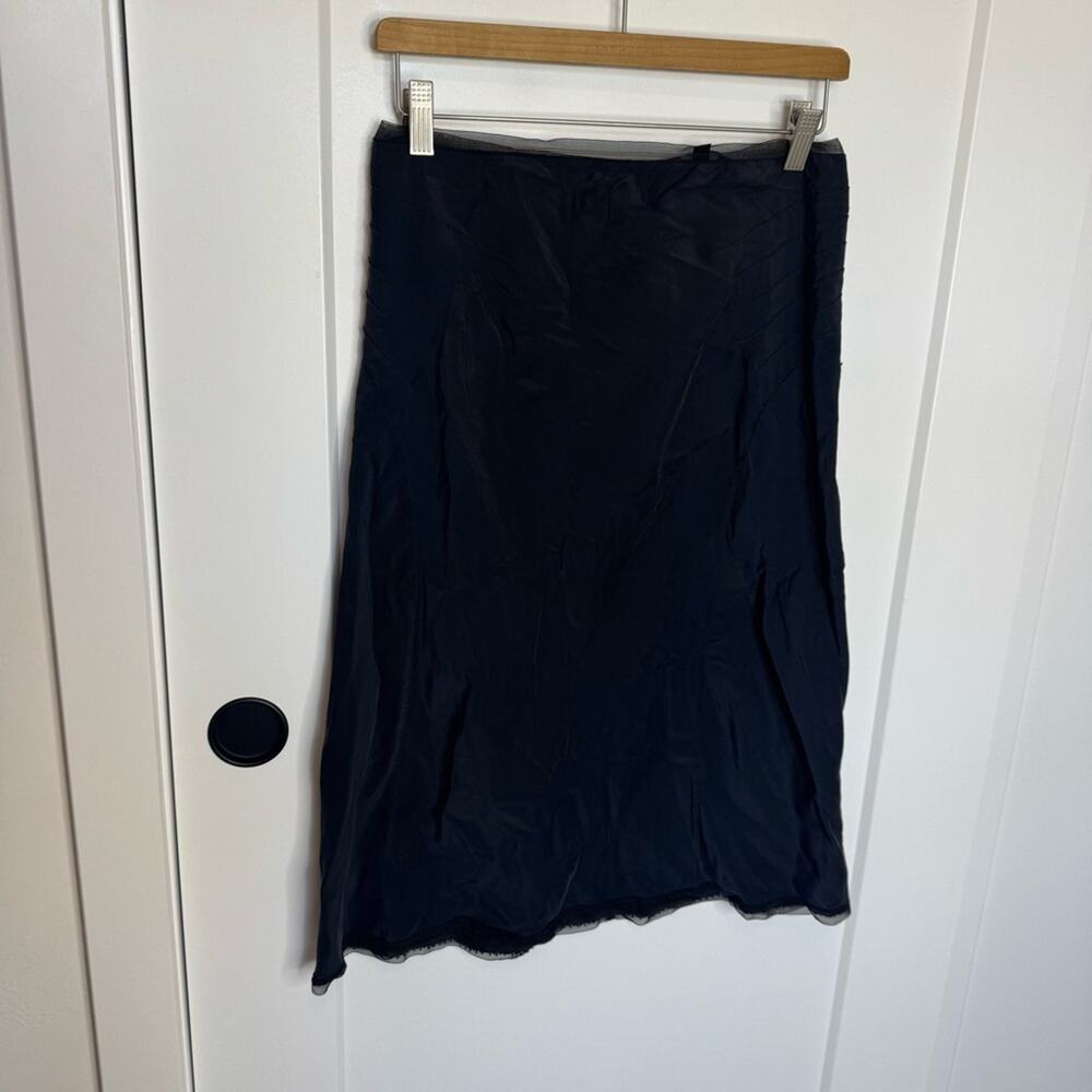 Marc Jacobs Silky Navy Blue Black Lace Trim Knee Length Skirt Size 8